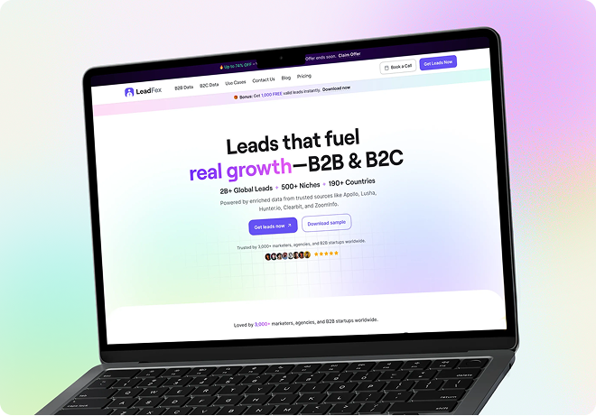 LeadFex lead generation website displayed on a laptop